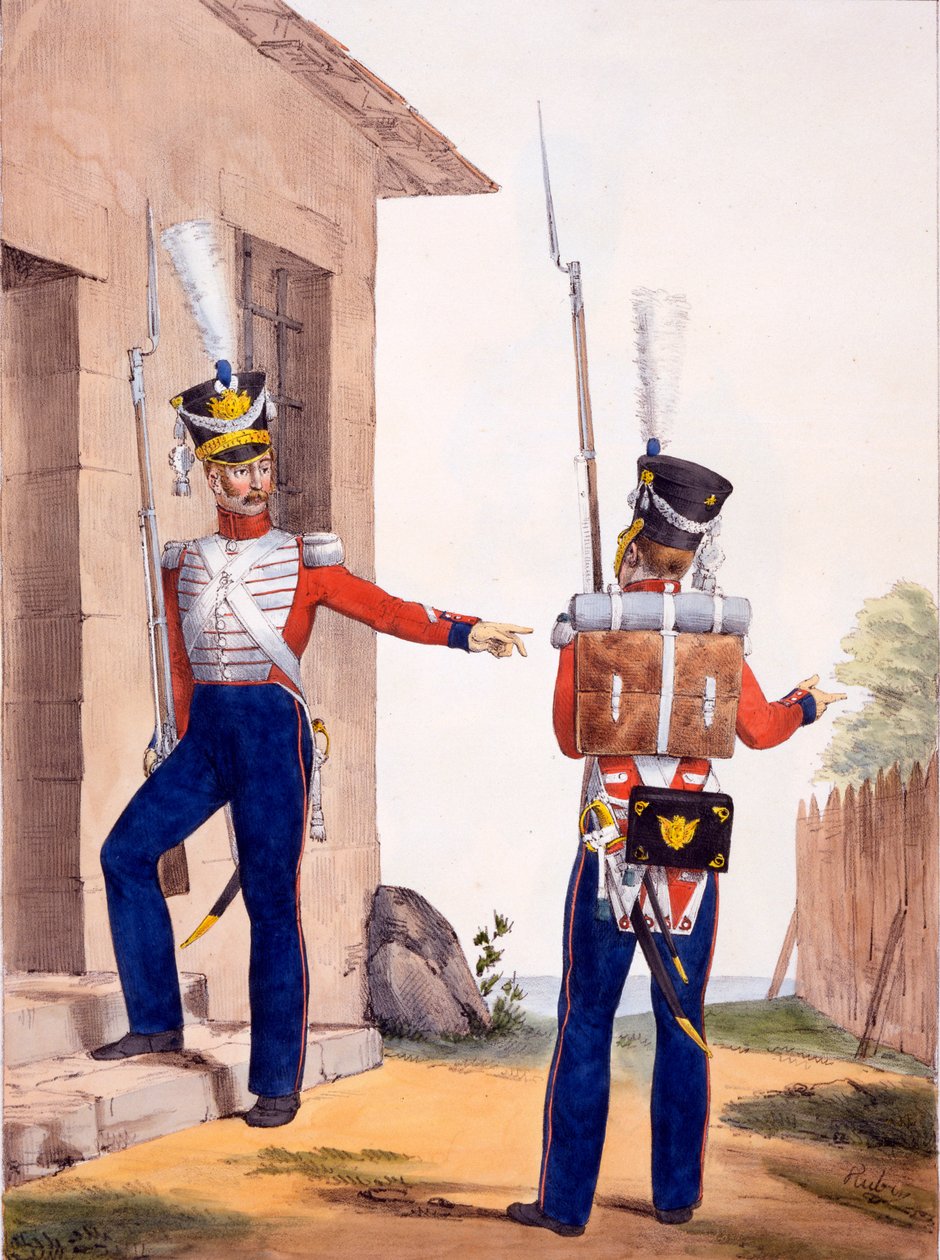 瑞士皇家卫队第8步兵团的制服，来自&39;Collection of Uniforms de l&39;Armee Francaise&39;，1823年出版（手工彩色版画） 作者 查尔斯·奥布里