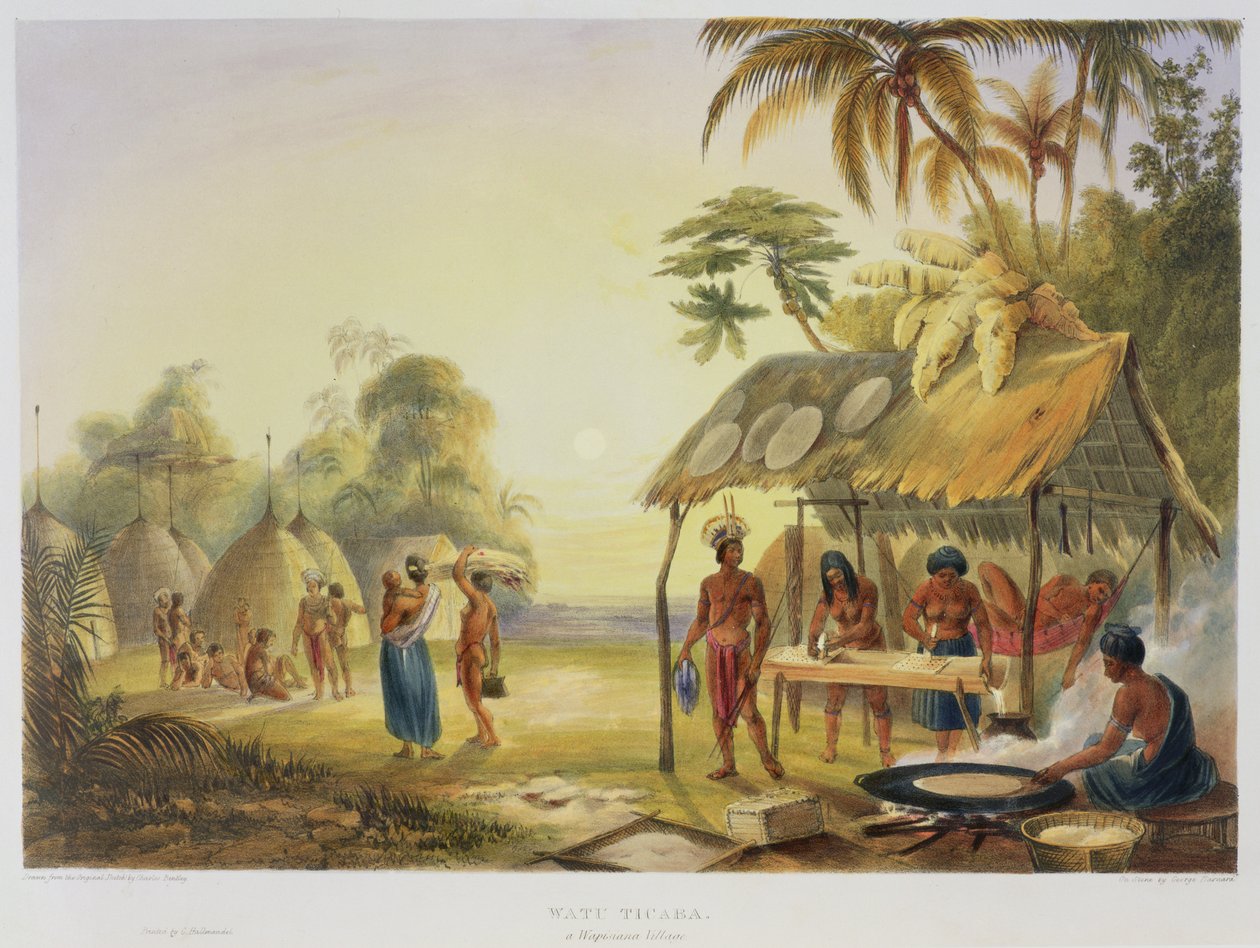 Watu Ticaba，一个Wapisiana村庄，来自“圭亚那内部的景色”，由George Barnard（1832-90）酒吧雕刻。作者：阿克曼，1840年 作者 查尔斯·本特利