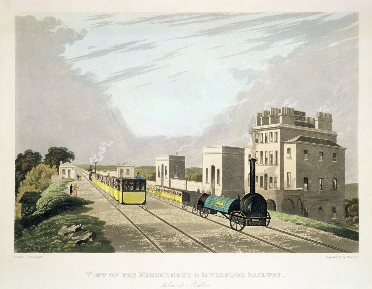 1825年在牛顿拍摄的曼彻斯特和利物浦铁路的景色，由Havell（aquatint）雕刻而成 作者 查尔斯·卡尔弗特