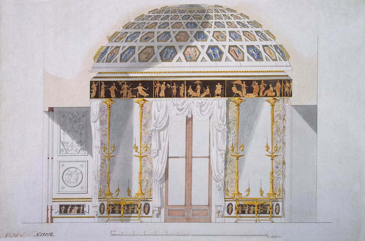 为Tsarskoye Selo的玛瑙馆中的Jasper橱柜设计，1780年（笔和墨水在纸上） 作者 查尔斯·卡梅隆