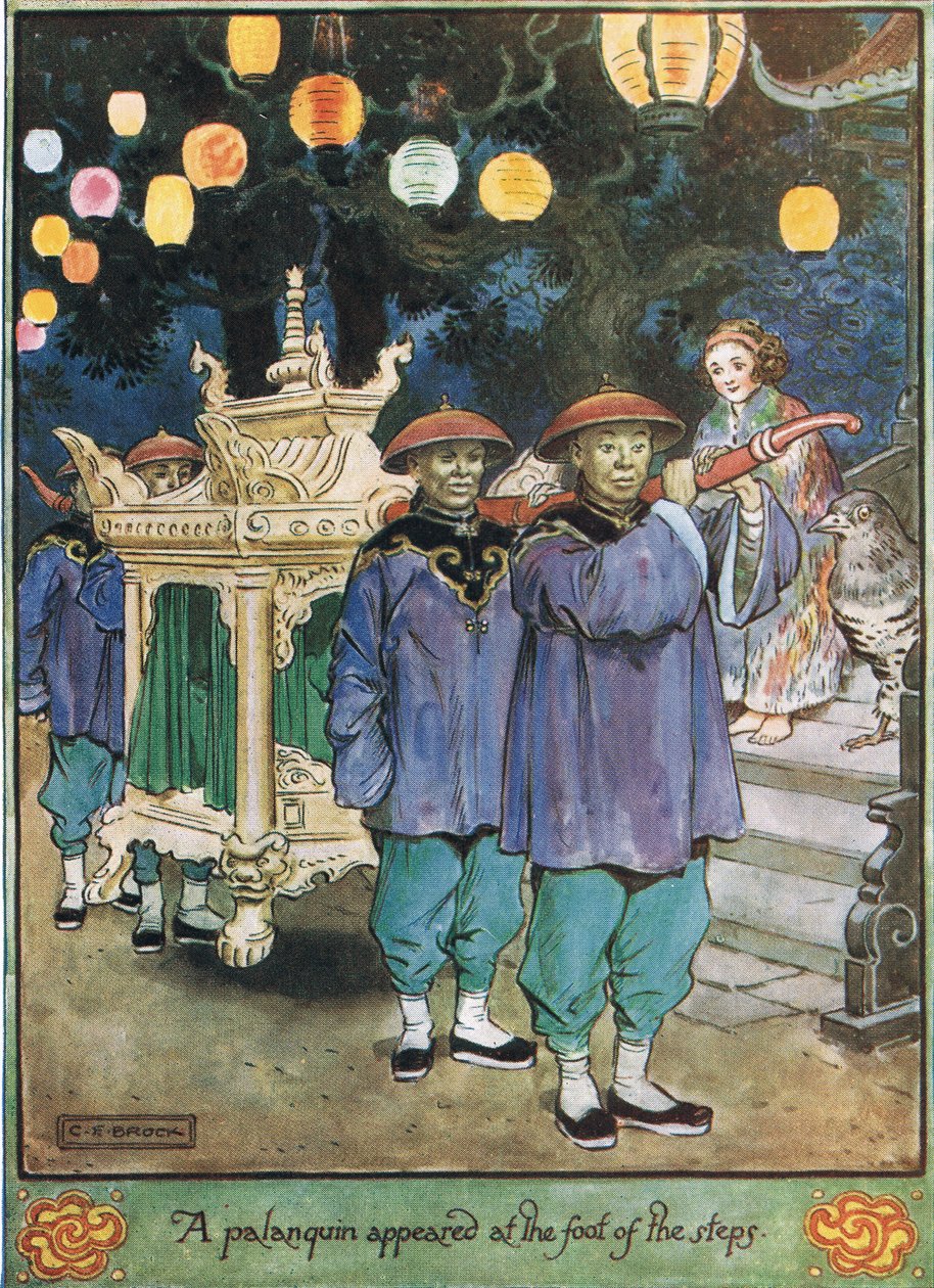 一个Palanquin出现在台阶的脚下，来自Molesworth夫人的&39;The Cuckoo Clock&39;插图，由Macmillan于1930年出版 作者 查尔斯·埃德蒙·布洛克