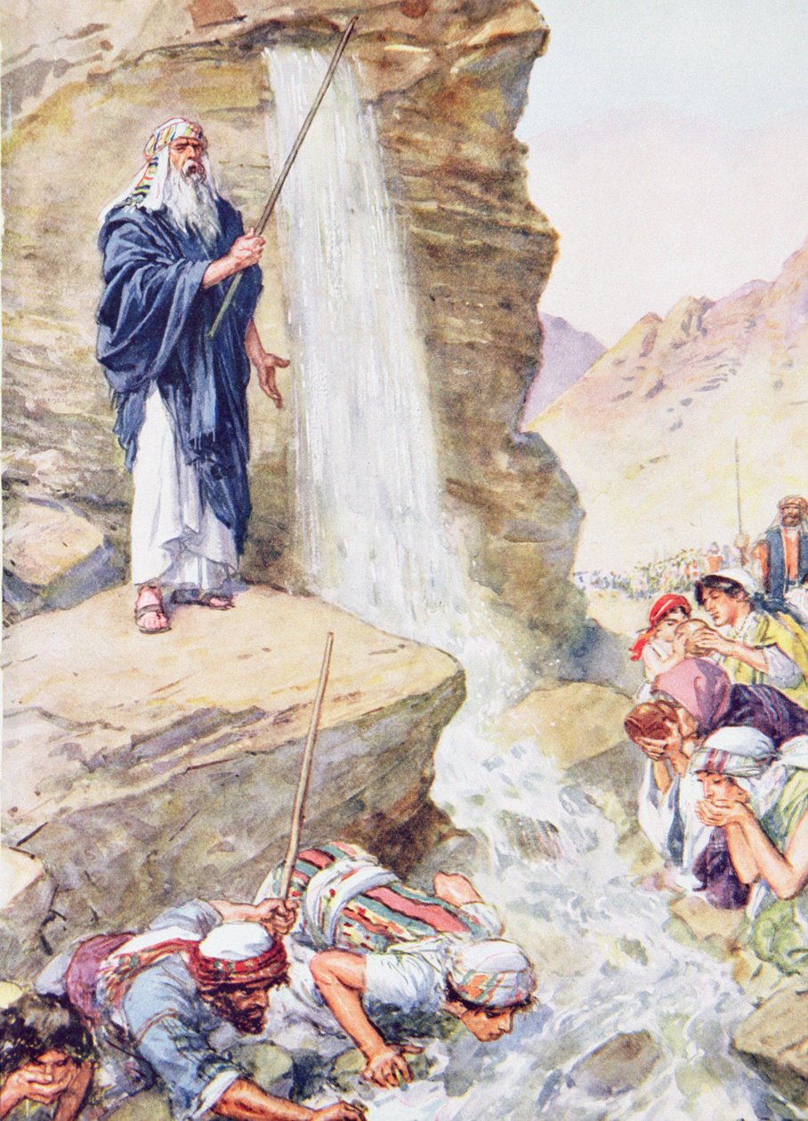“呼唤耶和华的名字，他击中了岩石”，插图来自“通过圣经”，美德出版，1928年 作者 查尔斯·埃德蒙·布洛克