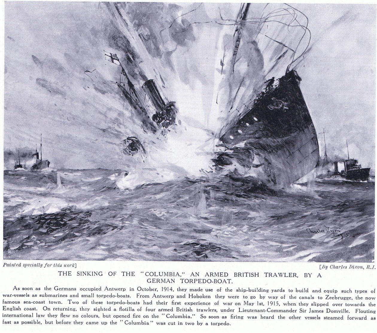 1914年10月，一艘德国鱼雷船在英国海岸线上沉没了哥伦比亚号英国拖网渔船 作者 查尔斯·爱德华·迪克森
