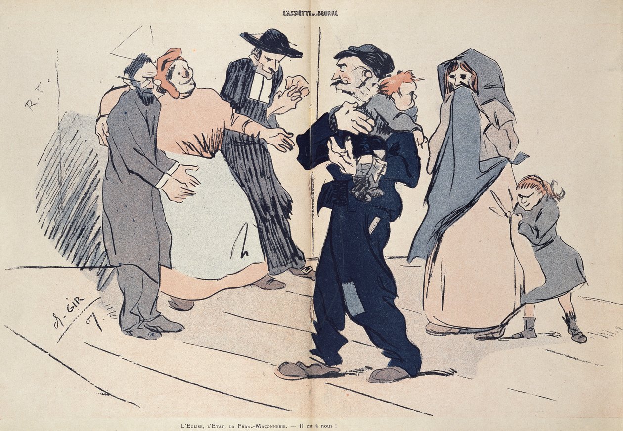 孩子的家庭与教会，州和共济会之间的孩子争吵，1907年“L&39;Assiette au Beurre”漫画 作者 查尔斯·费利克斯·吉尔