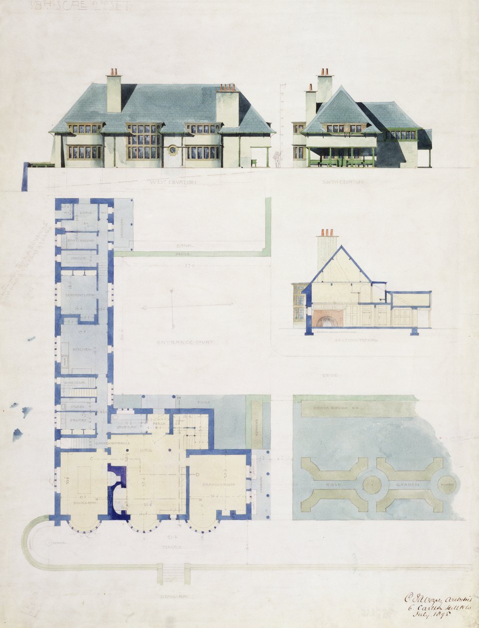 建议为Broad Leys，Windermere设计，为Arthur Currer Briggs Esq。，1898，（wc和铅笔在纸上） 作者 查尔斯·弗朗西斯·安妮斯利·沃西