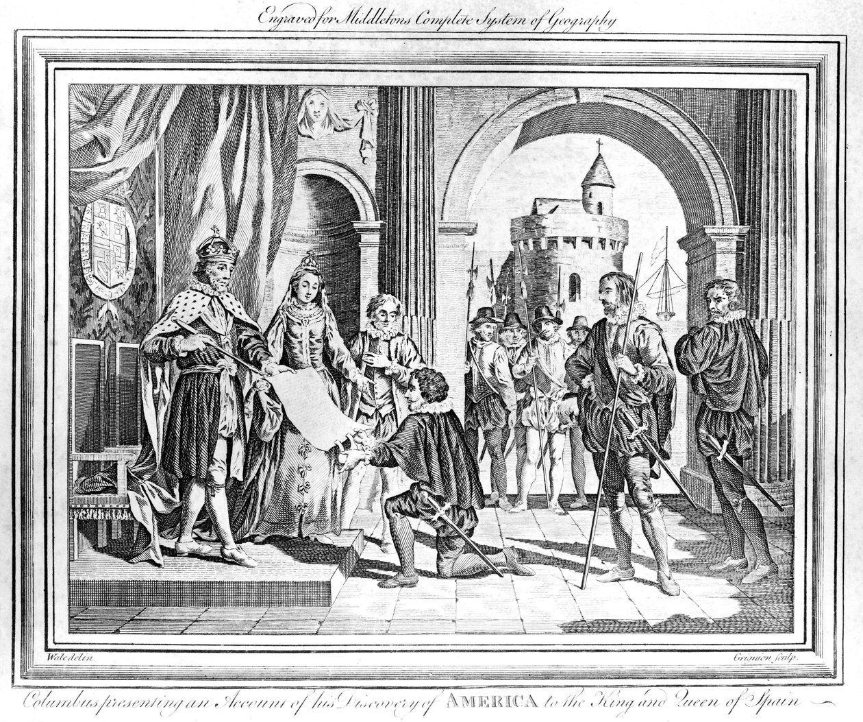 克里斯托弗·哥伦布（Christopher Columbus，1451-1506）向西班牙国王和王后介绍了他对美国的发现 作者 查尔斯·格里尼翁