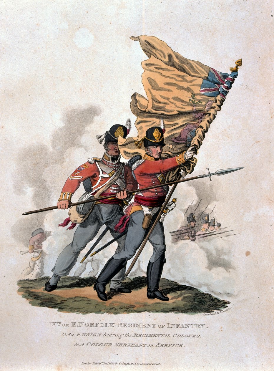 9号，或E诺福克步兵团，来自“大英帝国军队的服装，根据最后的规定1812”，由JC Stadler雕刻，由Colnaghi und Co. 1812-15出版（颜色 作者 查尔斯·汉密尔顿·史密斯