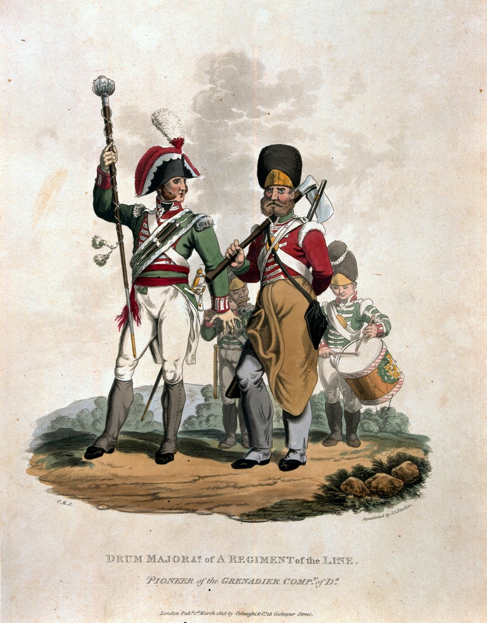 根据最新规定1812&39;，由JC Sta雕刻的“大英帝国陆军服装”中的D大战斗团公司先锋队的军团和军团 作者 查尔斯·汉密尔顿·史密斯
