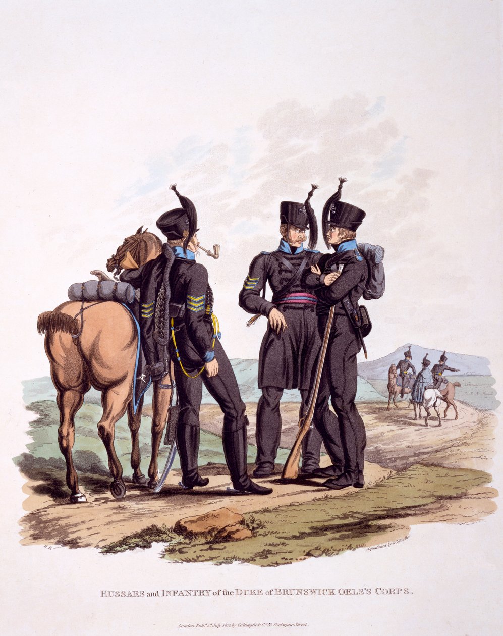 Hussars und Infantry制服和不伦瑞克公爵的Oel&39;s Corps，来自“大英帝国的服装，根据最后的规定”，于1812年出版（手工制作的aquatint） 作者 查尔斯·汉密尔顿·史密斯