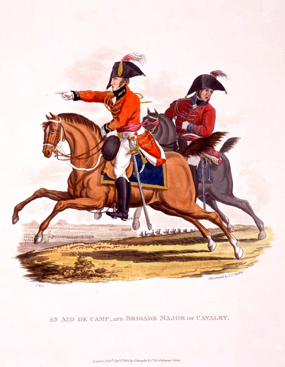 1812年出版的“最后规定”的“大英帝国服饰”中的Aide de Camp和骑兵旅的制服（手工制作的aquatint） 作者 查尔斯·汉密尔顿·史密斯