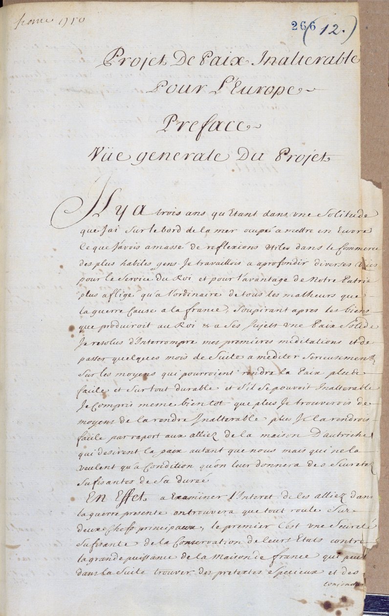 Projet de Paix前言不可改变的倾倒欧洲（欧洲不可改变的和平项目）c.1710-13（纸和笔墨水） 作者 查尔斯·艾伦妮·卡斯特（Charles Irenee Castel），圣皮埃尔修道院