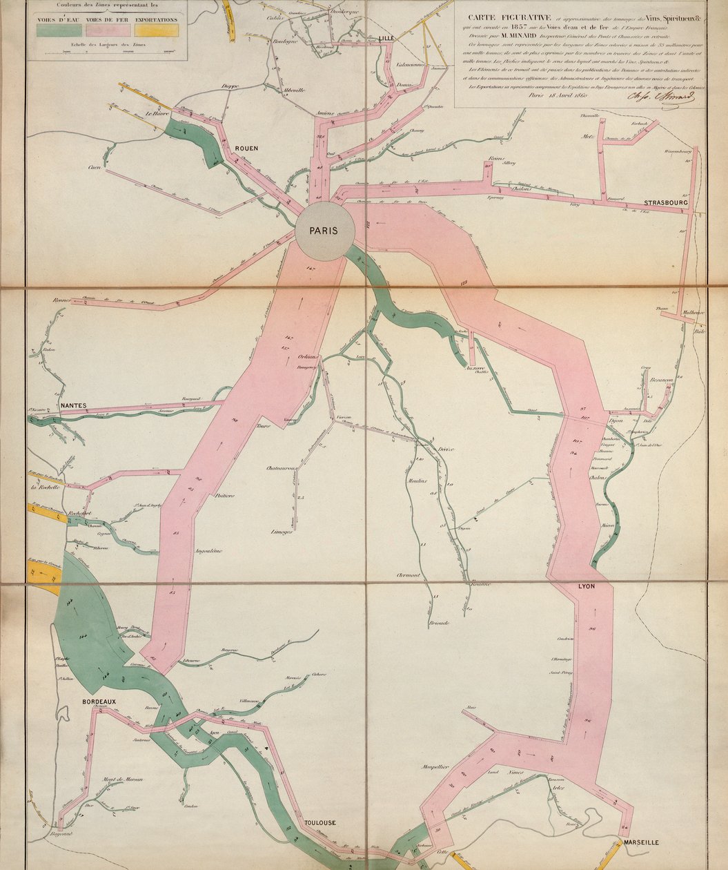 地图代表1857年法国1875年通过水和铁路运输的葡萄酒和烈酒的大致吨位 作者 查尔斯·约瑟夫·米纳德