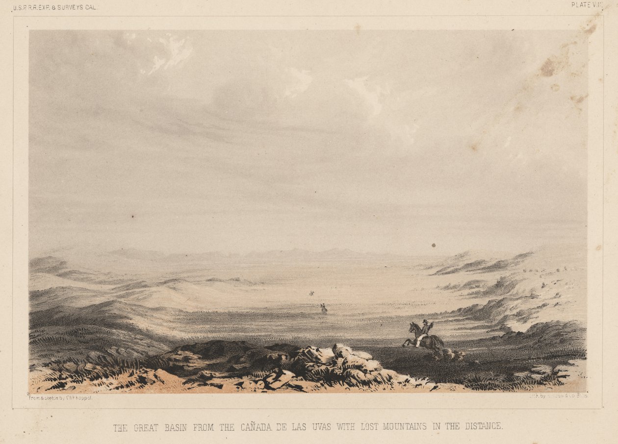 来自加拿大de las Uvas的大盆地与遥远的迷失山脉，由A. Hoen und Co.，1855（chromolitho）拍摄的版画 作者 查尔斯·科佩尔