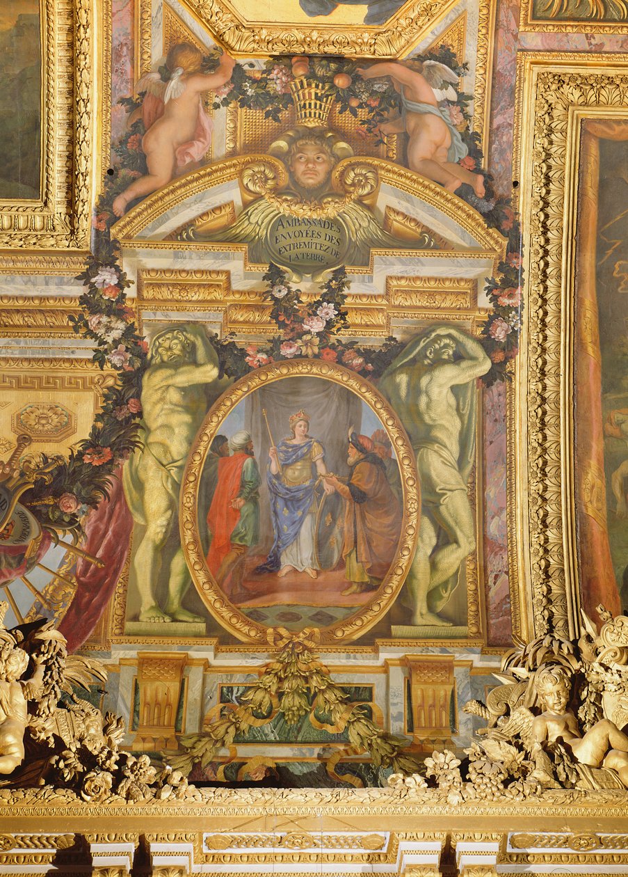 大使来自地球的所有角落，Galerie des Glaces的天花板画 作者 查尔斯·勒布朗
