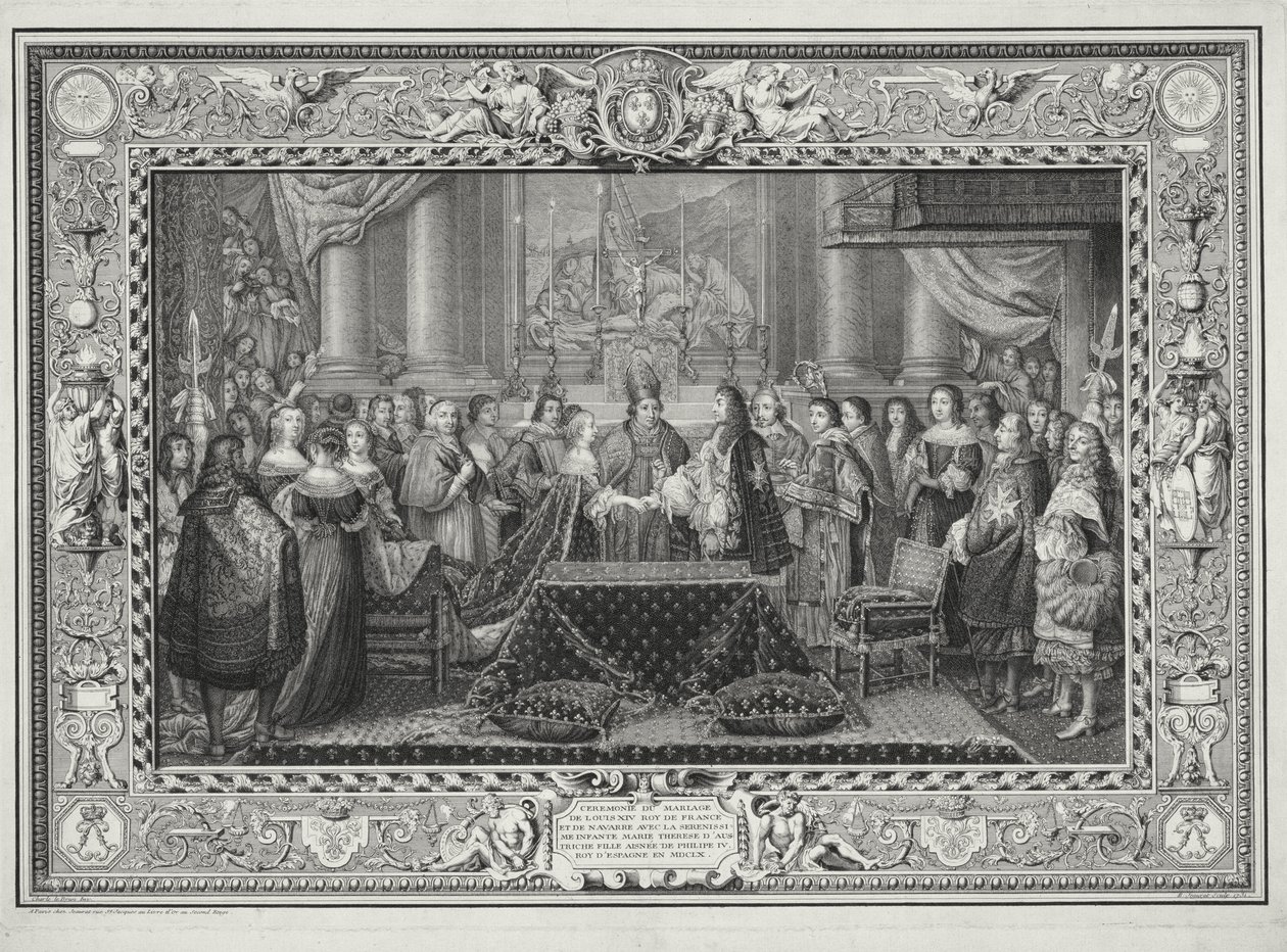 路易十四（1638-1715）法国国王和纳瓦拉的婚礼仪式，以及奥地利的玛丽亚特丽莎（1638-83）的女儿，1660年西班牙国王菲利普四世的女儿，1731年由B. Jeaurat雕刻（l 作者 查尔斯·勒布朗