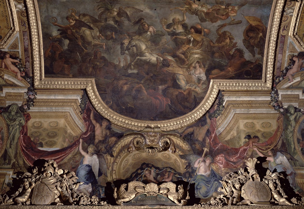 在1672年的敌人面前，莱茵河上的通道，Galerie des Glaces的天花板画 作者 查尔斯·勒布朗