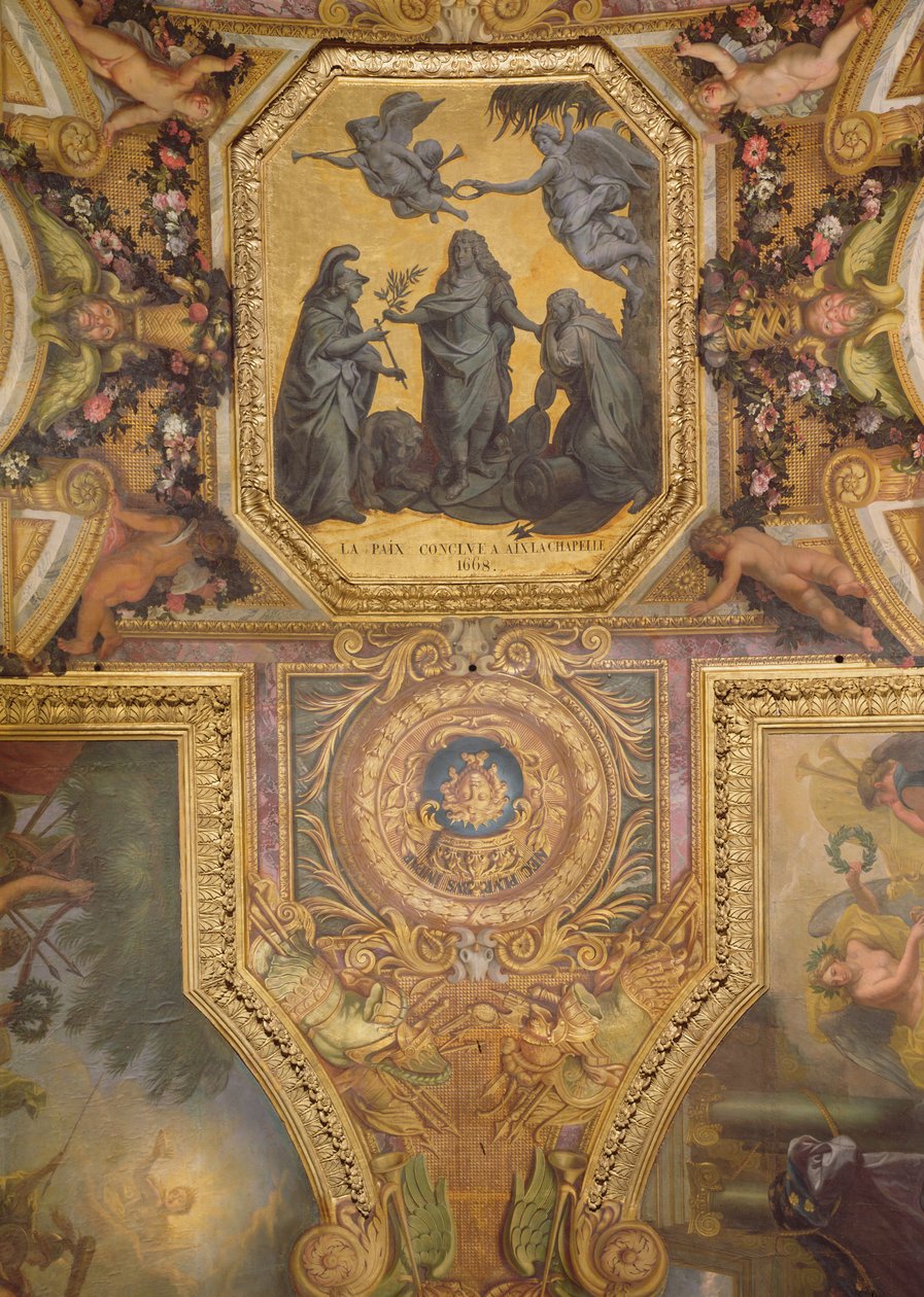 和谐在1668年在Aix-la-Chapelle制作，Galerie des Glaces的天花板画 作者 查尔斯·勒布朗