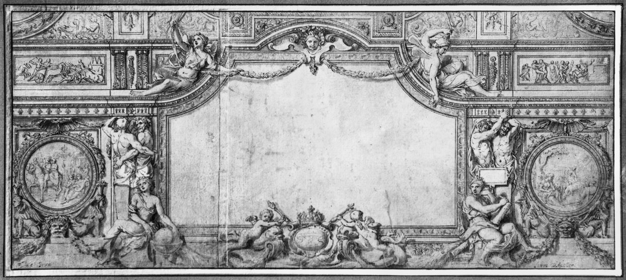 装饰天花板项目，c.1663（棕色纸上的笔和黑色墨水和灰色洗涤） 作者 查尔斯·勒布朗