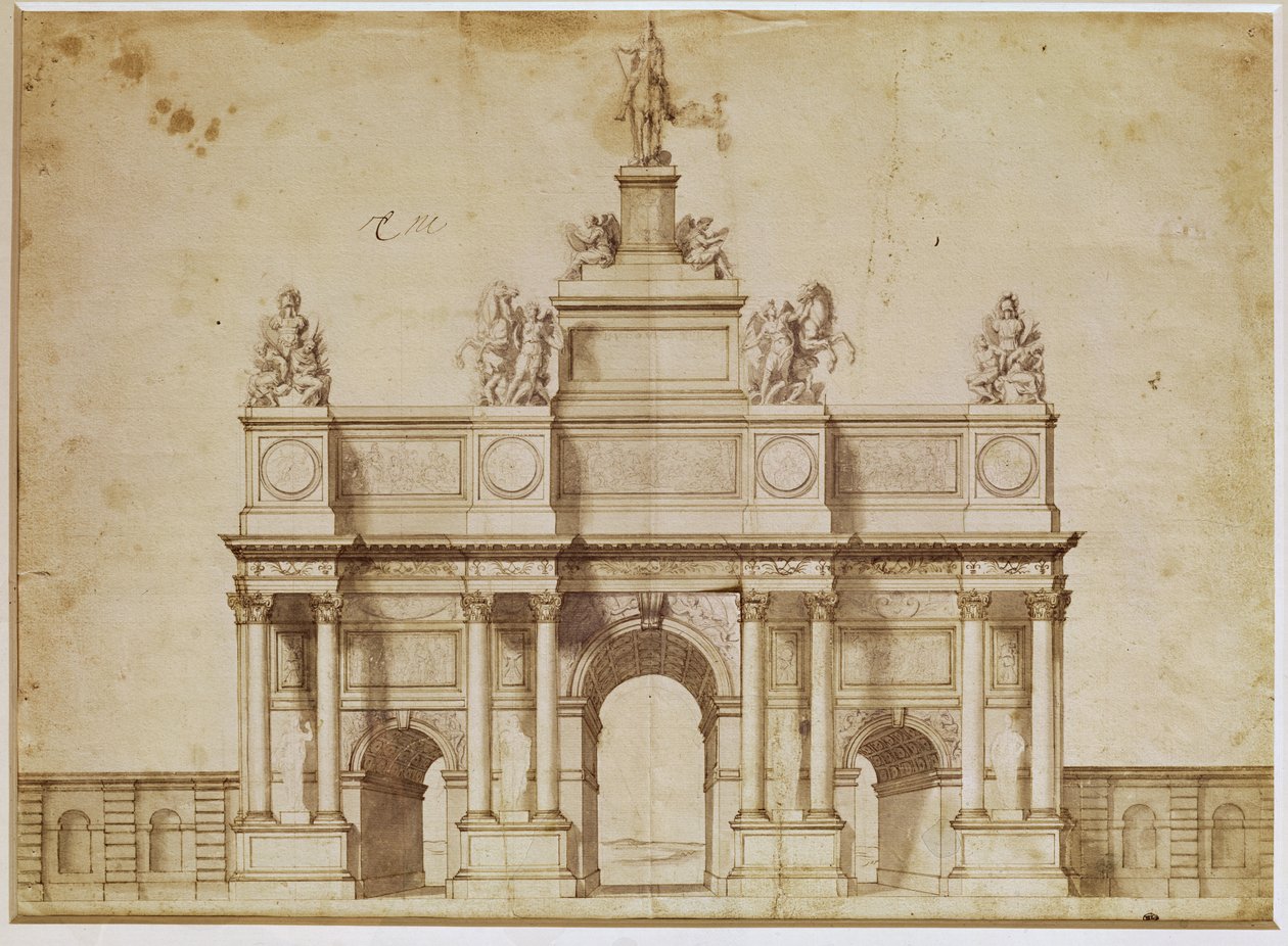 关于Arc de Triumphe的提案，巴黎圣安东尼街，c.1668（笔和棕色墨水在纸上） 作者 查尔斯·勒布朗