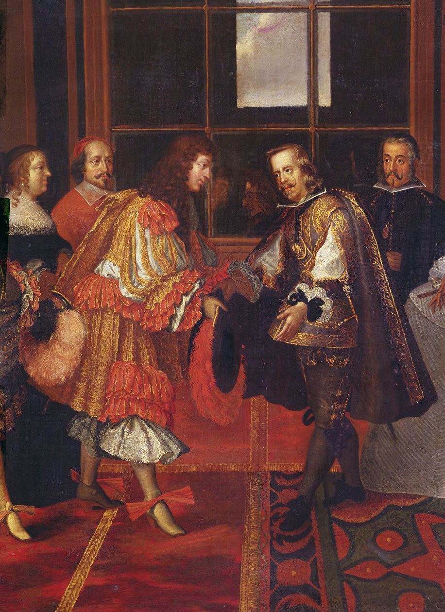 1660年6月7日路易十四和菲利普四世在Ile des Faisans会议上的细节路易十四1638-1715，法国国王和纳瓦拉，他的叔叔菲利普四世1605-1665，西班牙国王，在酒泉 作者 查尔斯·勒布朗