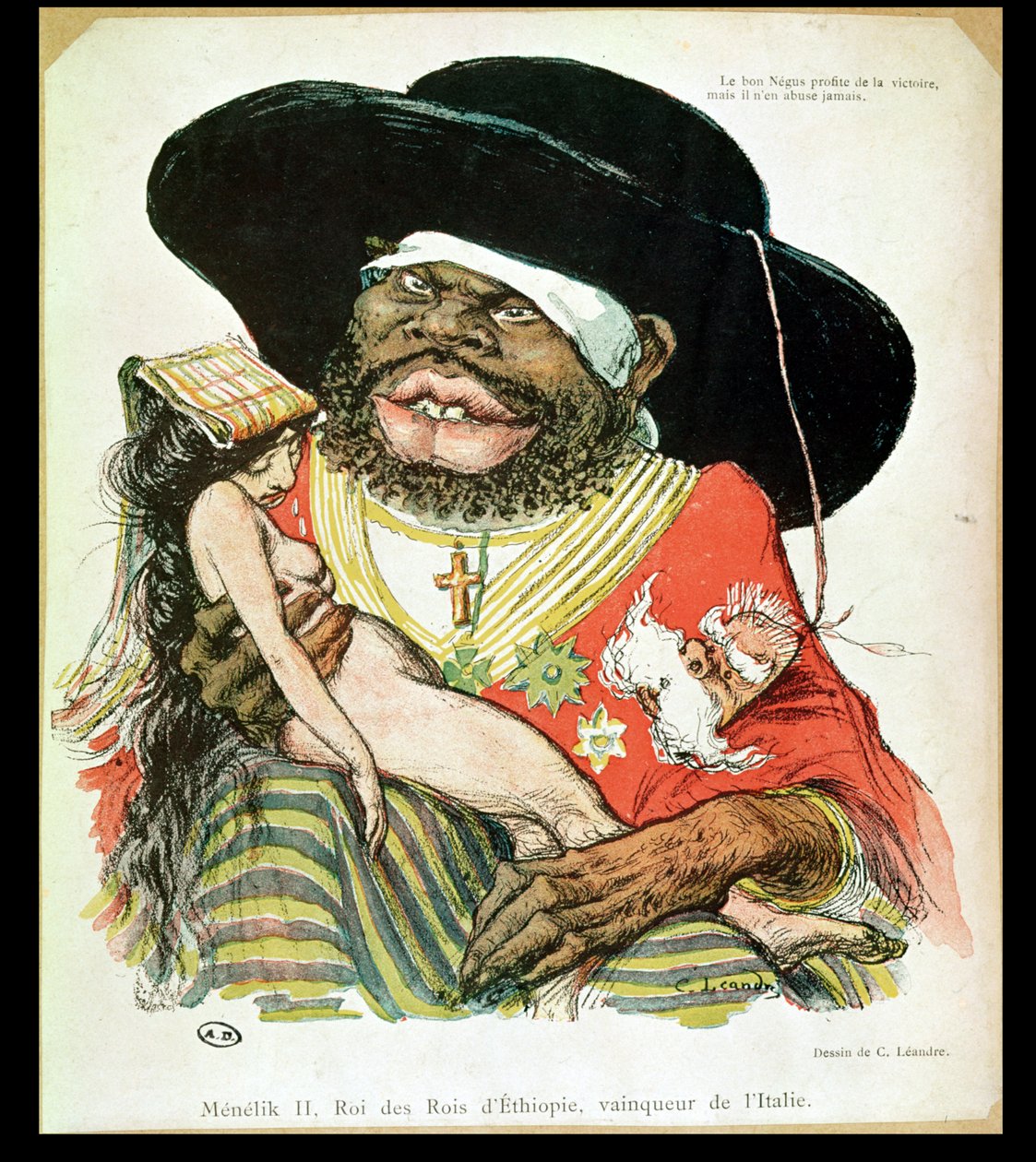 19世纪末，来自&39;le Rire&39;杂志的Menelik II（1844-1913）的埃塞俄比亚伊格斯的漫画 作者 查尔斯·莱安德烈