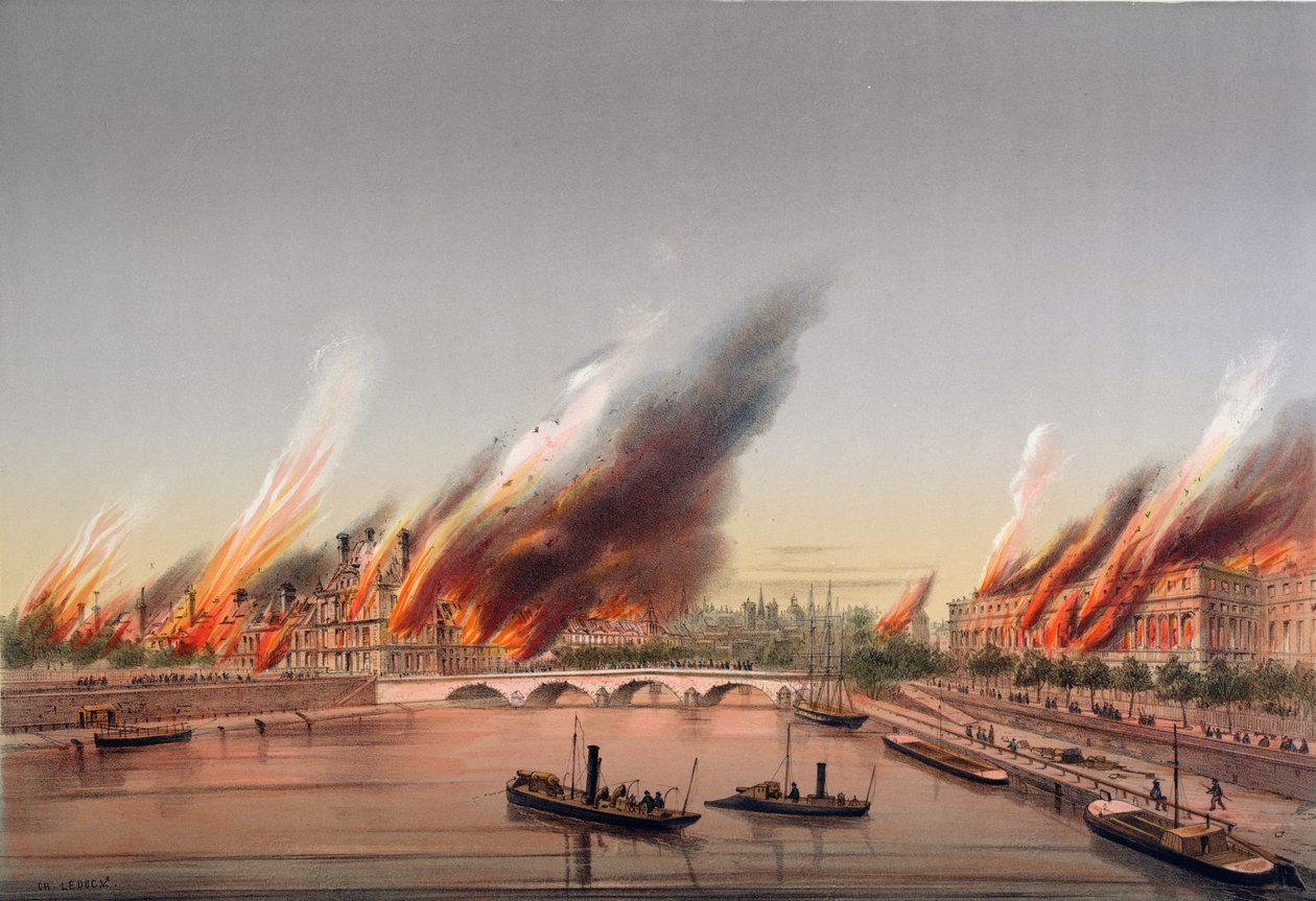 1871年5月24日，在杜伊勒里宫和Conseil d&39;Etat燃烧期间，炮台&39;La Farcy&39;停泊在塞纳河上 作者 查尔斯·勒杜克
