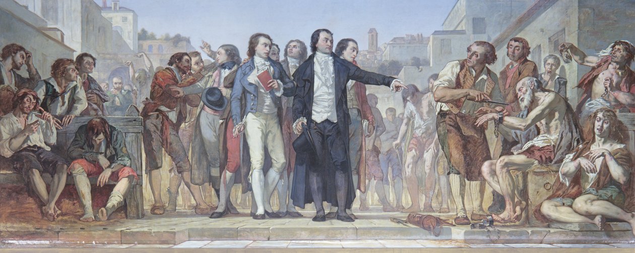 Philippe Pinel（1745-1826）于1793年在巴黎的Bicetre避难所从他们的连锁店释放疯子，c.1840-50（详见163911） 作者 查尔斯·路易斯·卢西安·穆勒