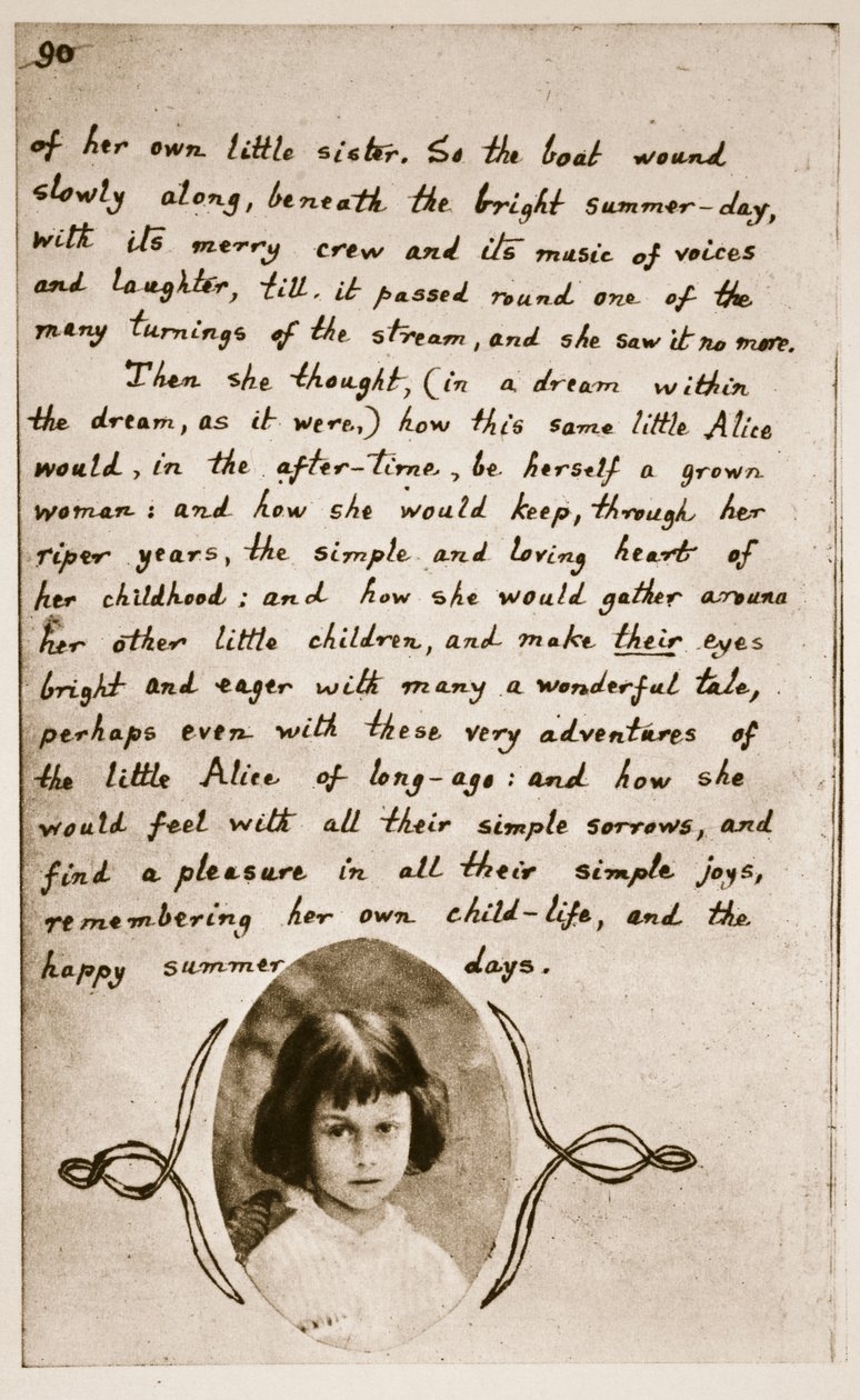 爱丽丝·利德尔（Alice Liddell）在“爱丽丝冒险地下”（Alice&39;s Adventures Underground）的最后一页，1859年（棕褐色照片） 作者 查尔斯·路德维奇·道奇森