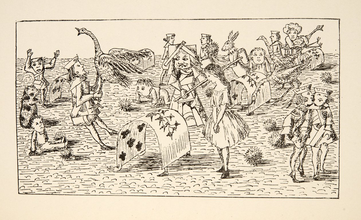 爱丽丝和红女王玩槌球，插图来自Alices Adventures Under Ground，酒吧。 1886年（传真） 作者 查尔斯·路德维奇·道奇森