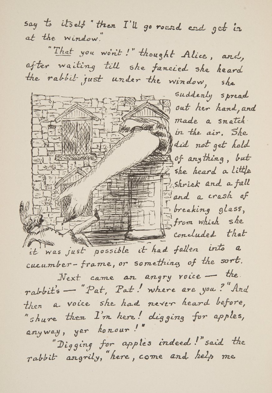 爱丽丝试图抓住白兔，来自Alices Adventures Under Ground，pub的插图。 1886年（传真） 作者 查尔斯·路德维奇·道奇森
