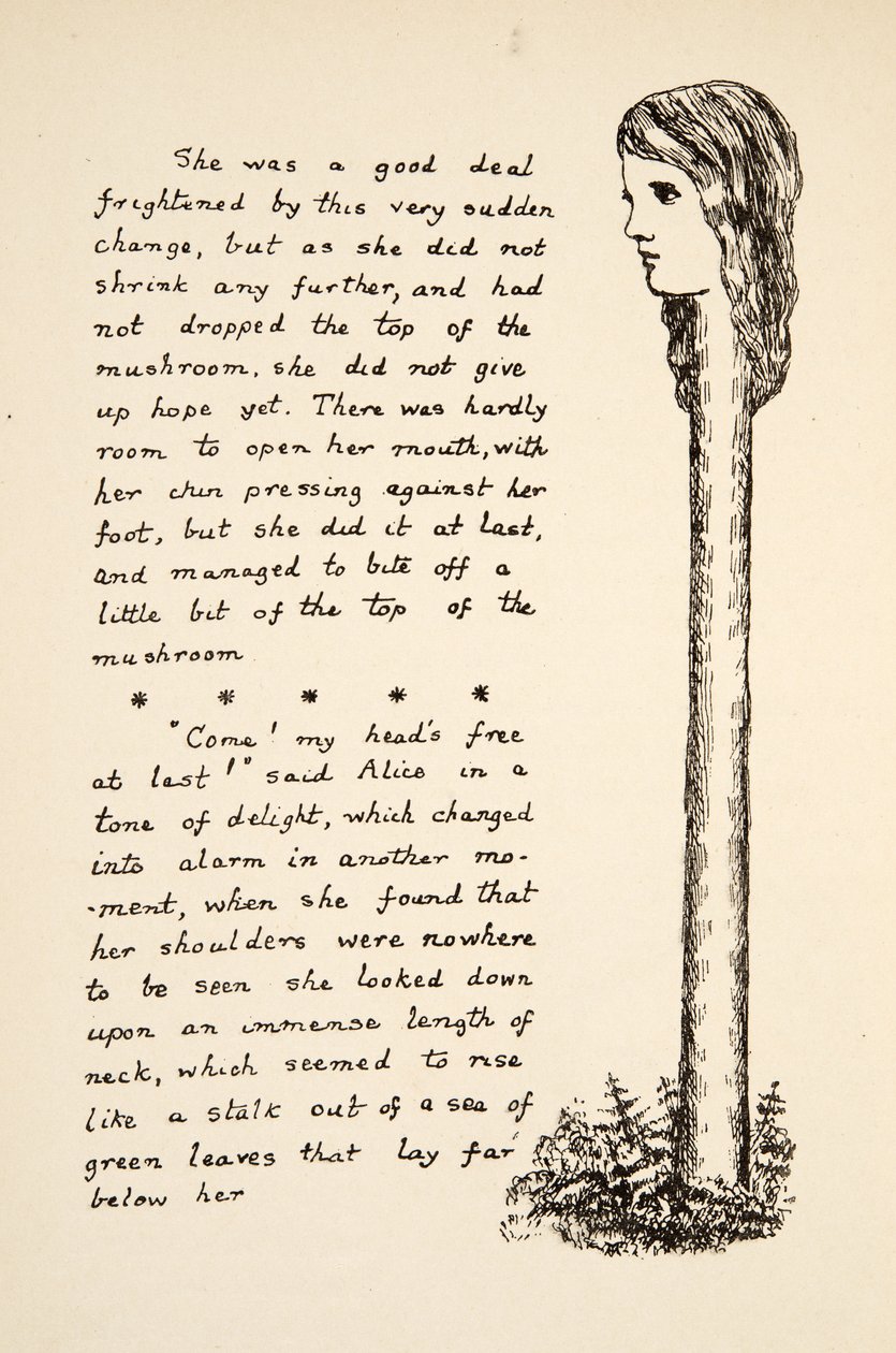 吃了更多蘑菇后，Alices脖子伸展，Alices Adventures Under Ground，pub。 1886年（传真） 作者 查尔斯·路德维奇·道奇森