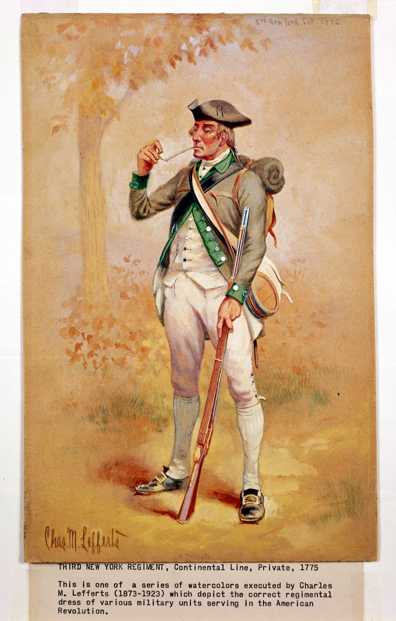 1775年第3纽约军团的欧洲大陆航线私人制服，c.1920 作者 查尔斯·麦克库宾·莱弗兹