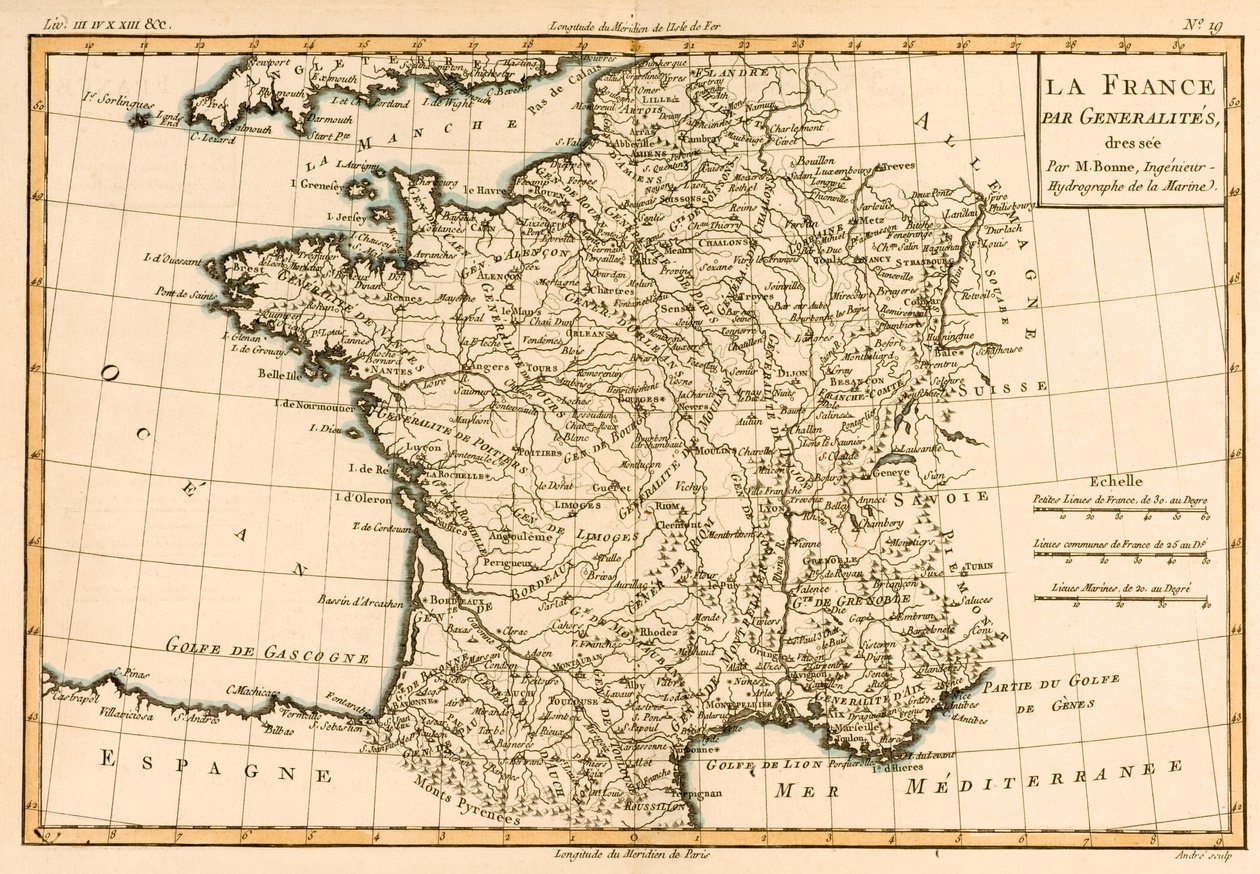 法国各区域，来自地球全球已知部分的地图集“Guillaume Raynal（1713-96）”1780年出版 作者 查尔斯·玛丽·里戈伯特·邦纳