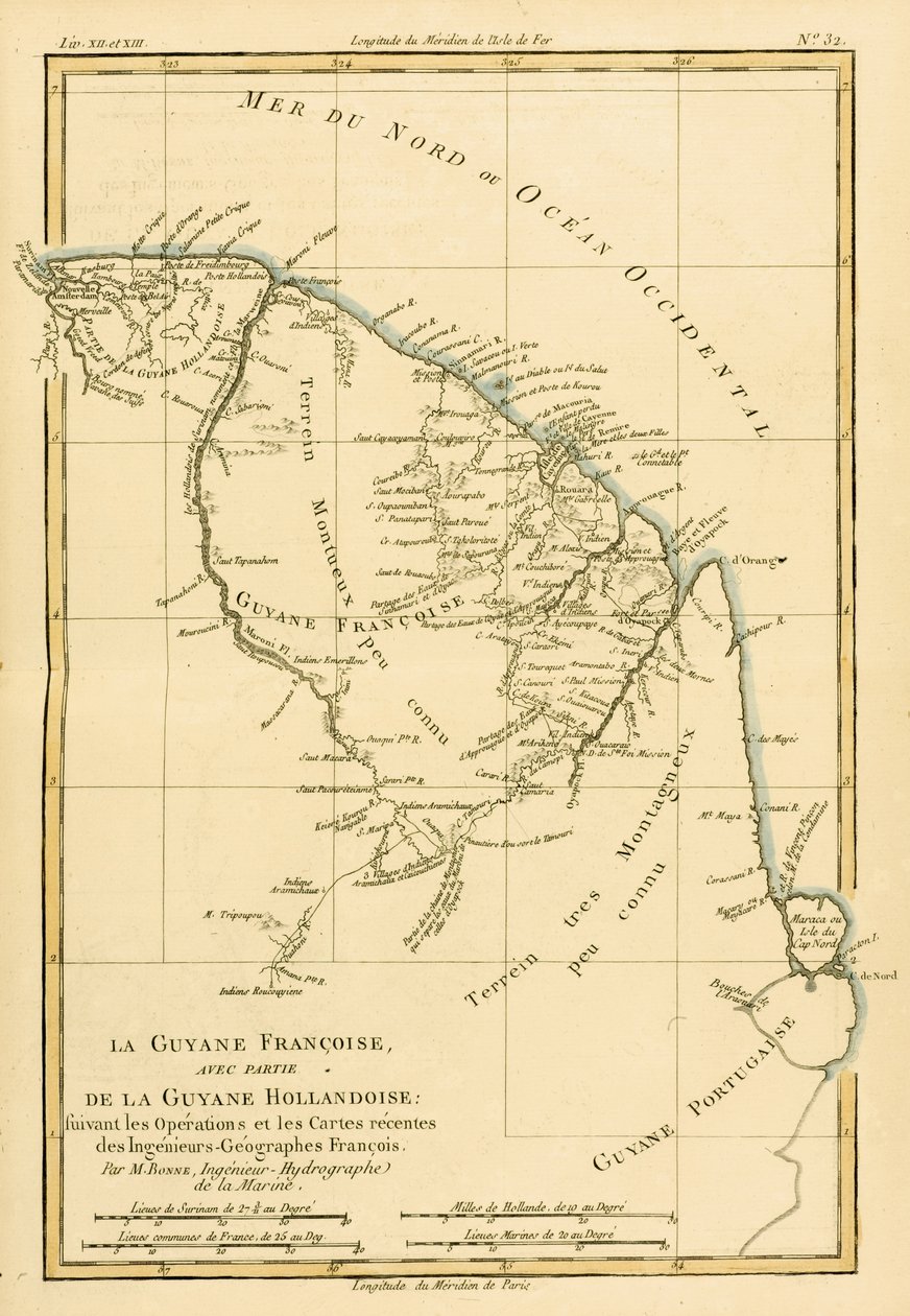 法属圭亚那，荷兰圭亚那的一部分，来自Guillaume Raynal（1713-96）的“地球全球已知部分地图集”，出版于1780年日内瓦的JL Pellet 作者 查尔斯·玛丽·里戈伯特·邦纳