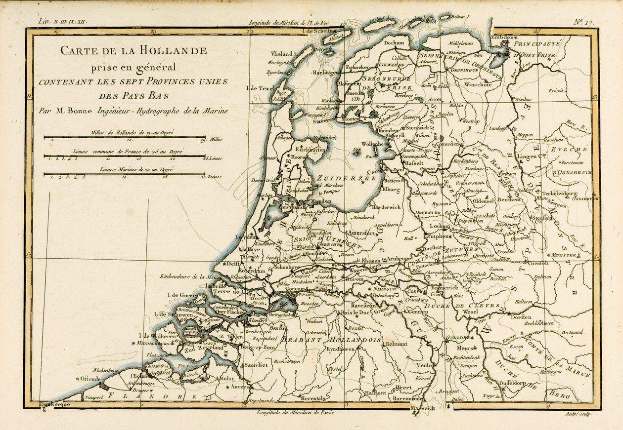 荷兰包括七个统一的低地国家，来自Guillaume Raynal（1713-96）的“Atlas de Toutes les Parties Connues du Globe Terrestre”1780年出版 作者 查尔斯·玛丽·里戈伯特·邦纳