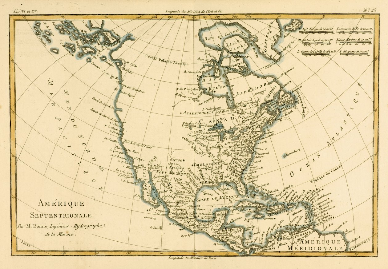 北美，来自Guillaume Raynal（1713-96）的“地球上所有已知部分地图集”，出版于1780年日内瓦JL Pellet 作者 查尔斯·玛丽·里戈伯特·邦纳