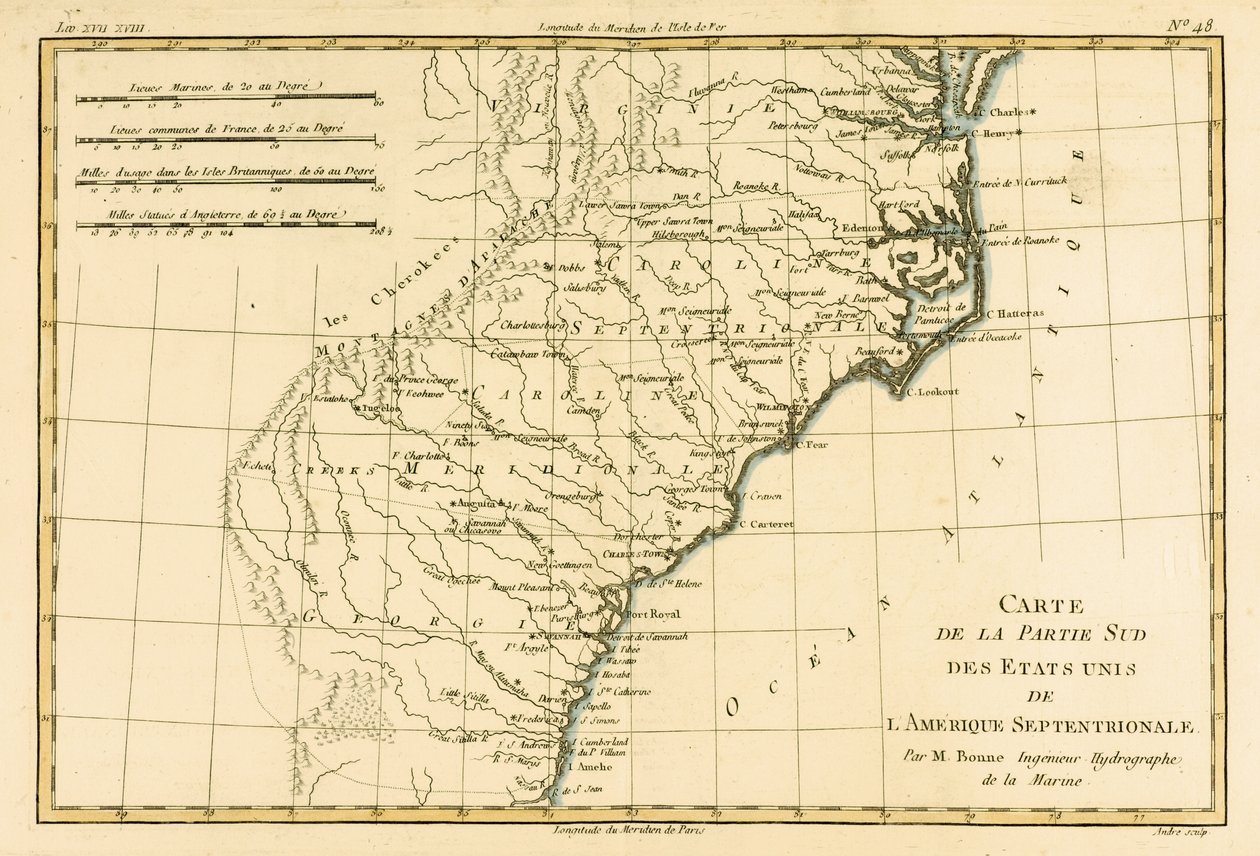 美国东南海岸，来自Guillaume Raynal（1713-96）的“地球全球已知部分地图集”，由日内瓦JL Pellet出版，1780年（彩色雕刻） 作者 查尔斯·玛丽·里戈伯特·邦纳