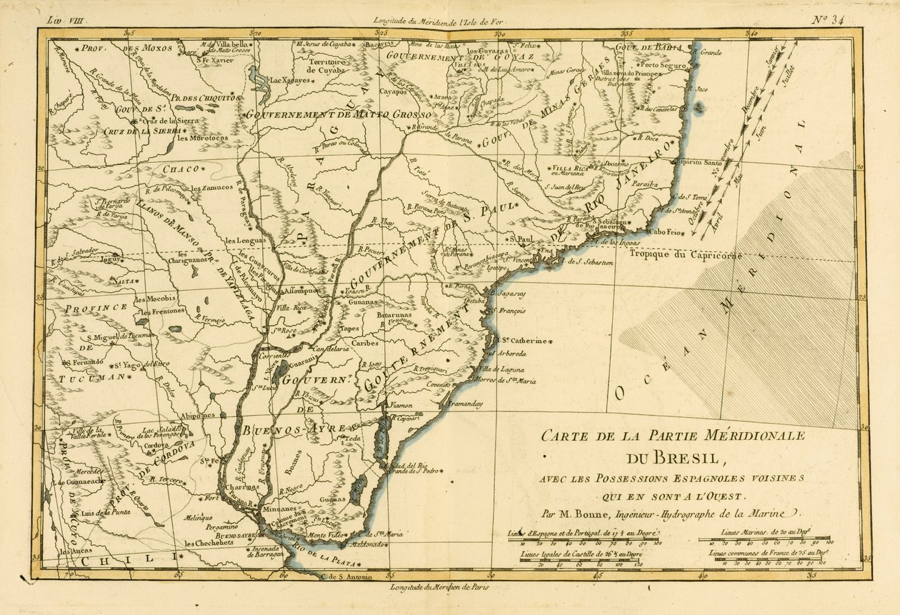 巴西南部，来自Guillaume Raynal（1713-96）的“地球全球已知地图集”，出版于1780年日内瓦JL Pellet 作者 查尔斯·玛丽·里戈伯特·邦纳