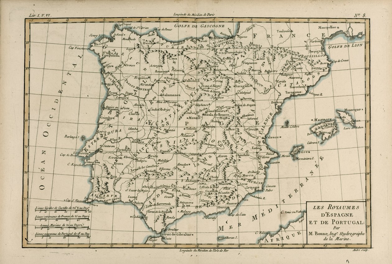 西班牙和葡萄牙，来自Guillaume Raynal（1713-96）的“地球上所有已知部分地图集”出版日内瓦，1780年 作者 查尔斯·玛丽·里戈伯特·邦纳