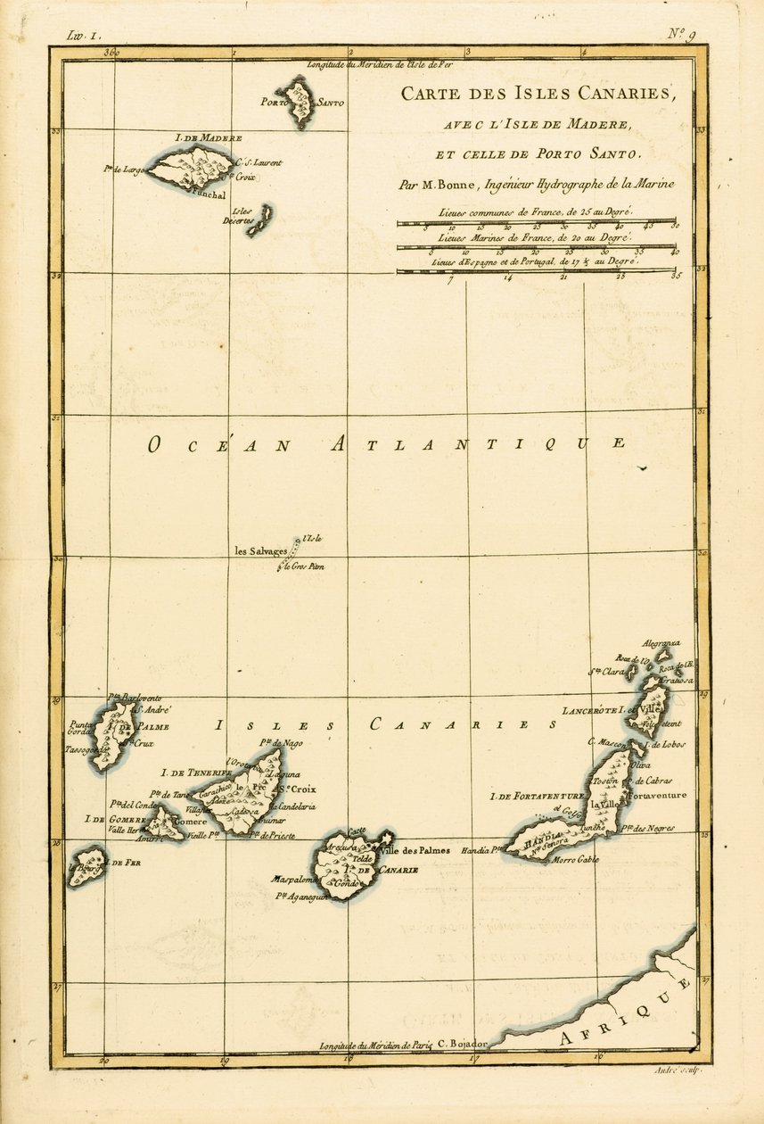 加那利群岛，马德拉群岛和波尔图桑托，来自Guillaume Raynal（1713-96）的“地球上所有已知部分地图集”，于1780年出版日内瓦 作者 查尔斯·玛丽·里戈伯特·邦纳