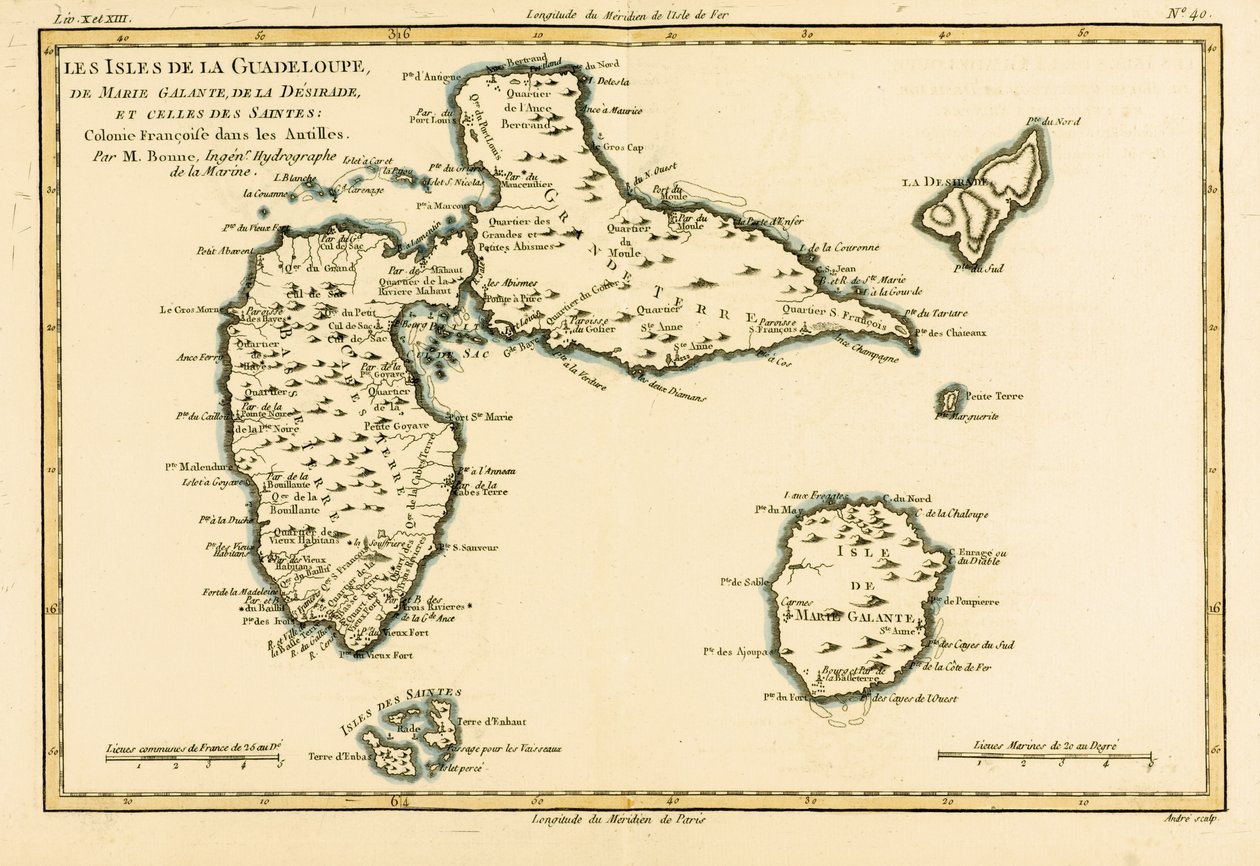 Guillaloupe群岛，Marie-Galante，Desirade和Isles des Saintes，西印度群岛的法国殖民地，来自Guillaume Raynal的“地球上所有已知部分地图集”（17 作者 查尔斯·玛丽·里戈伯特·邦纳