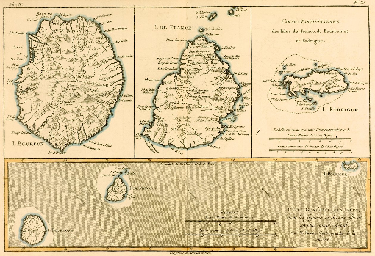 罗德里格斯岛，法国岛和波旁，来自Guillaume Raynal（1713-96）的“地球上所有已知部分的地图集”出版1780年 作者 查尔斯·玛丽·里戈伯特·邦纳