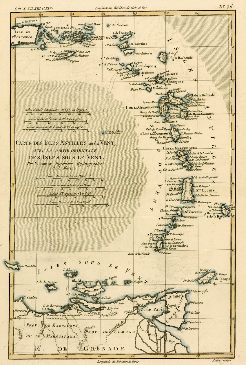 小安的列斯群岛或向风群岛，背风群岛的东部，来自Guillaume Raynal（1713-96）的“Atlas de Toutes les Parties Connues du Globe Terrestre”，出版了JL Pe 作者 查尔斯·玛丽·里戈伯特·邦纳