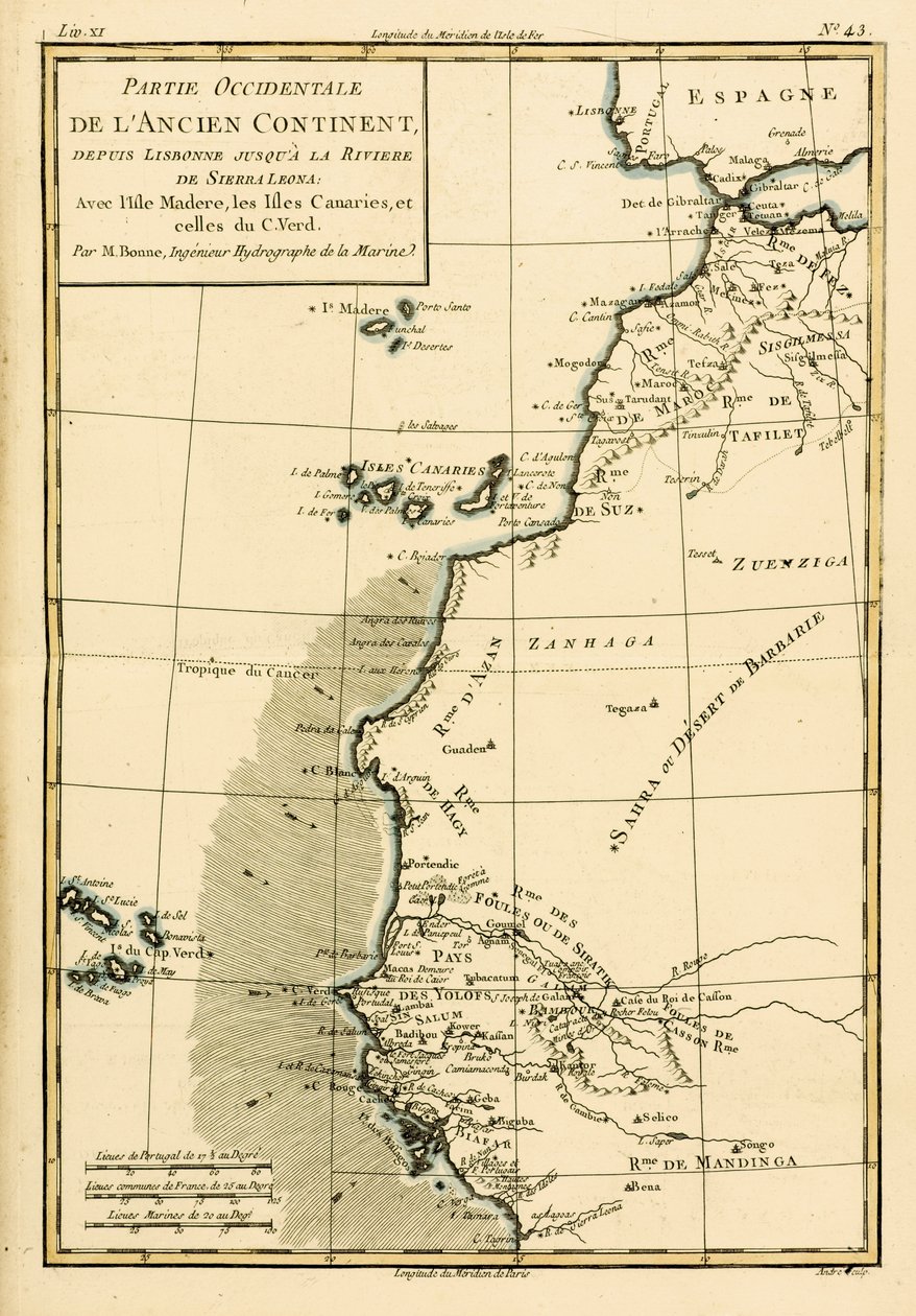 非洲西海岸，从里斯本到塞拉利昂，来自Guillaume Raynal（1713-96）的“地球上所有已知部分的地图集”出版于1780年的日内瓦 作者 查尔斯·玛丽·里戈伯特·邦纳