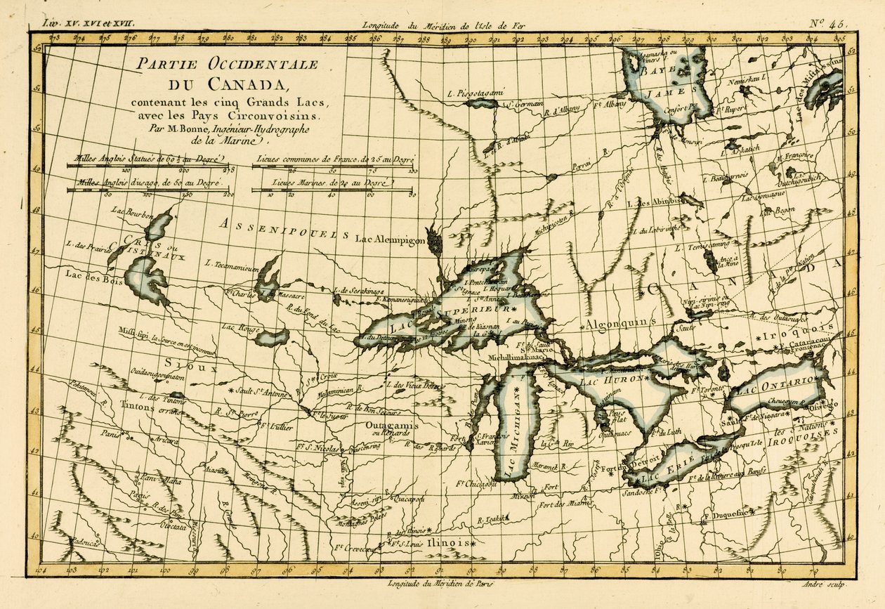 加拿大西部，包括五大湖，来自Guillaume Raynal（1713-96）的“地球全球已知部分地图集”，由日内瓦JL Pellet出版，1780年 作者 查尔斯·玛丽·里戈伯特·邦纳