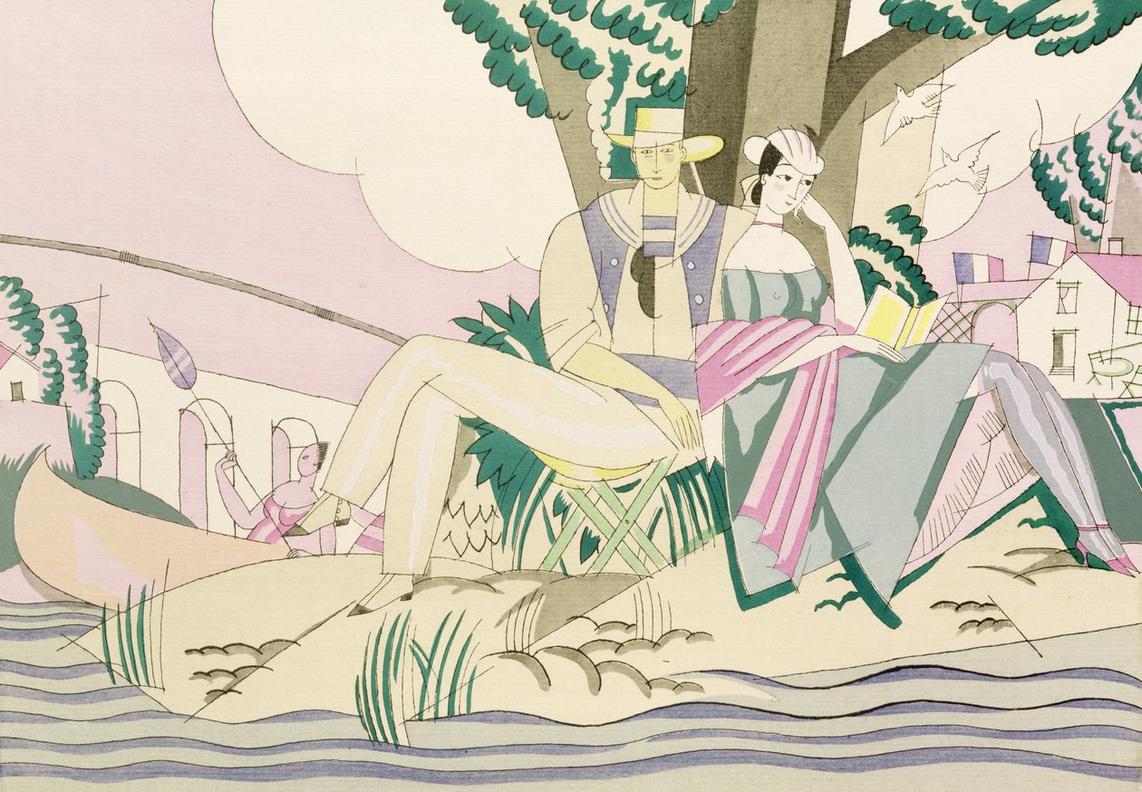 野餐和钓鱼场景，c.1920（纸上模板） 作者 查尔斯·马丁