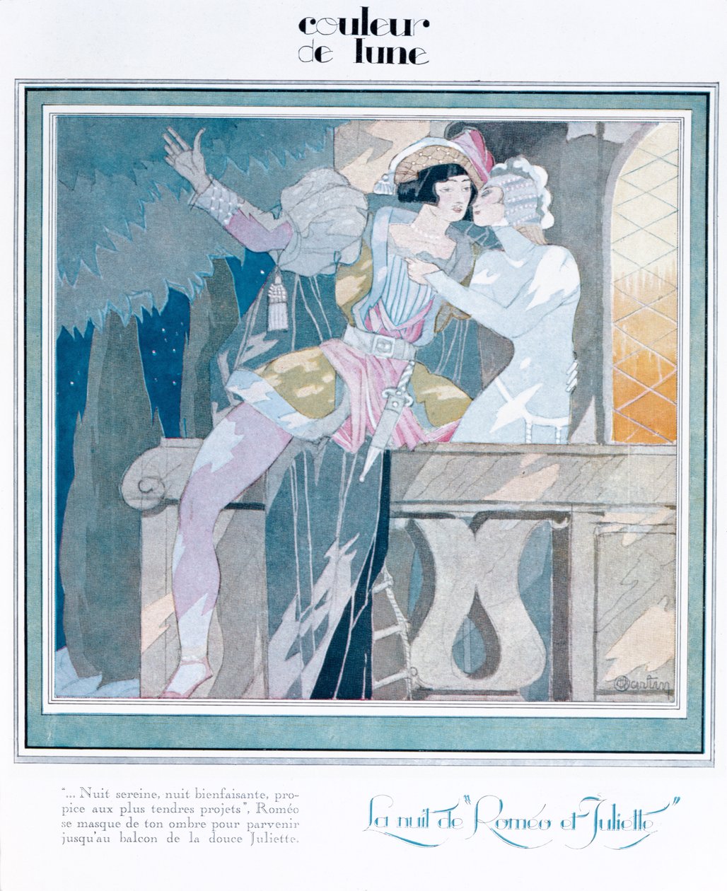 罗密欧和朱丽叶在阳台场景，插图来自&39;Femina&39;杂志，1929年12月 作者 查尔斯·马丁