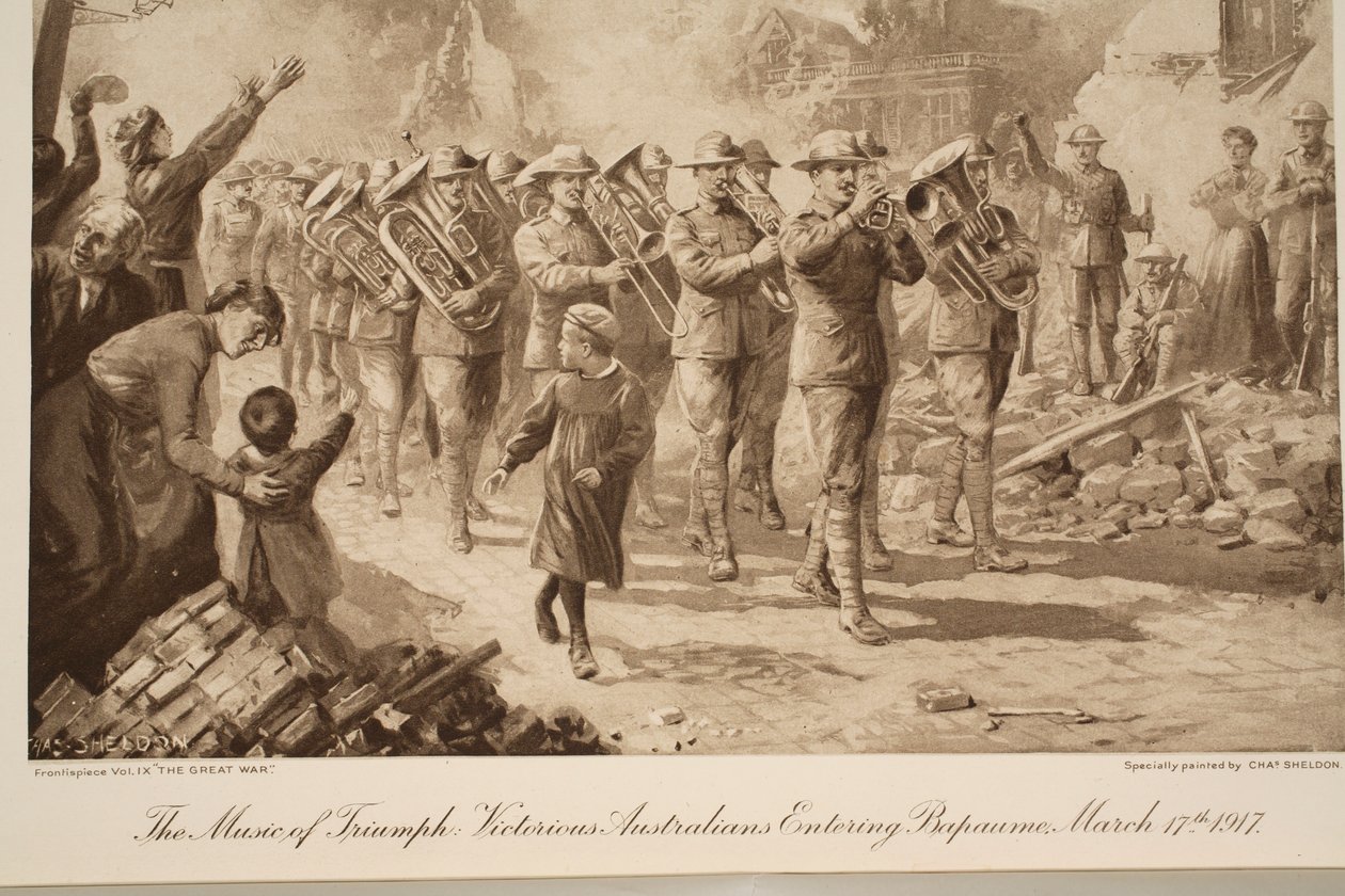 胜利的音乐：胜利的澳大利亚人进入Bapaume，1917年3月17日，1917-19 作者 查尔斯·米尔斯·谢尔顿