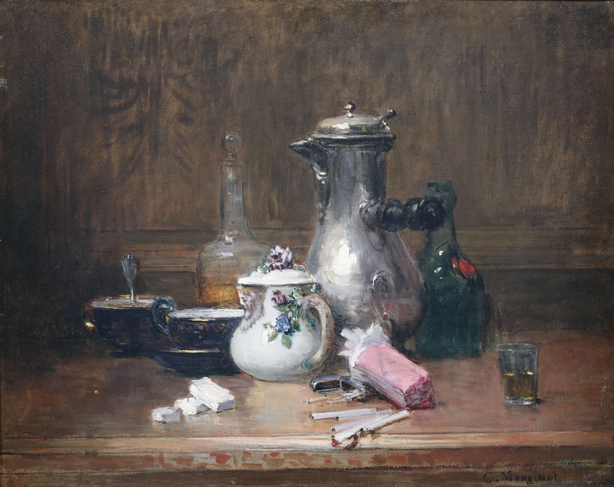 自然morte du bon vivant。与咖啡器物，科涅克白兰地瓶和香烟的静物画 作者 查尔斯·蒙吉诺