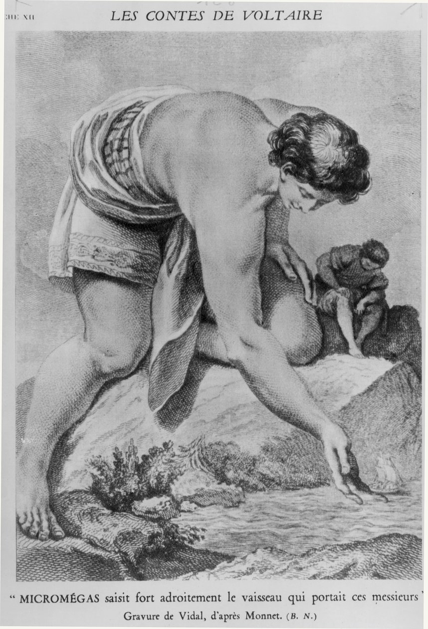 “Micromegas巧妙地拿起载着这些绅士的船”，由Gerard Vidal（1742-1801）雕刻的Francois Marie Arouet de Voltaire（1694-1778）的“Les Contes” 作者 查尔斯·莫奈